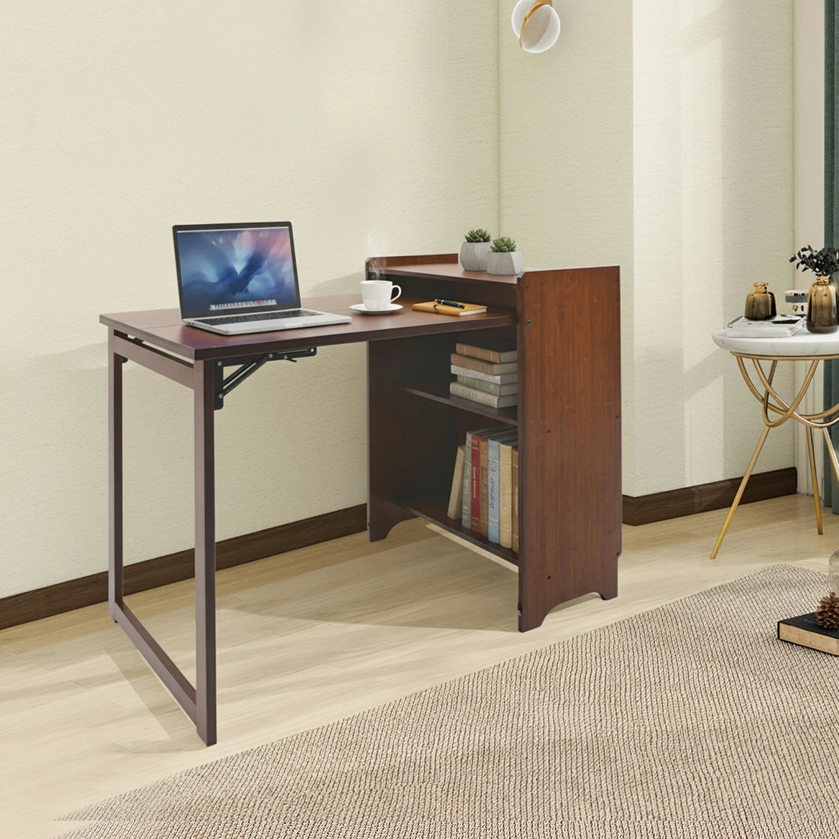 Bymaocar Folding Desk With Bookcase And Storage Shelves With Drop Down Table