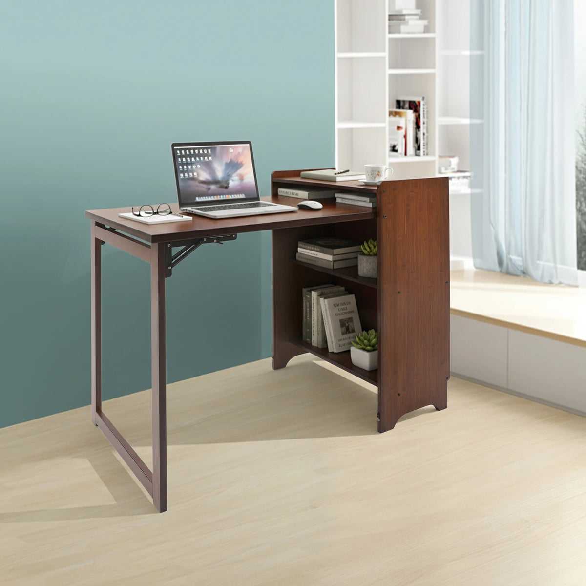 Bymaocar Folding Desk With Bookcase And Storage Shelves With Drop Down Table