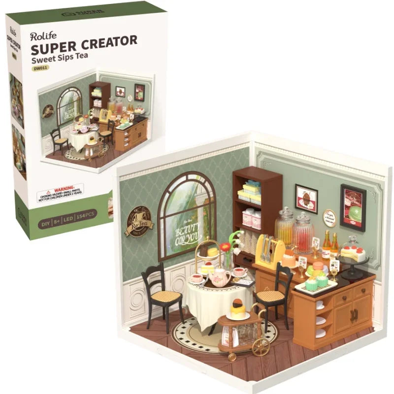 Robotime Diy 3D Puzzle Home Gift Idea Model Supply Store Kit with LED Yum Burger And Leisurely Cheers Bar And Sweet Sips Tea