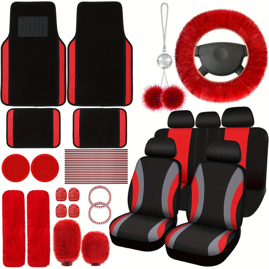 47pcs Car Seat Cover Full Set Car Seat Covers for Car Front Rear Seat Cover Fluffy Steering Wheel Cover Seat Belt Automotive Floor Mats Car Air Conditioner Decoration Strip Car Accessories Women