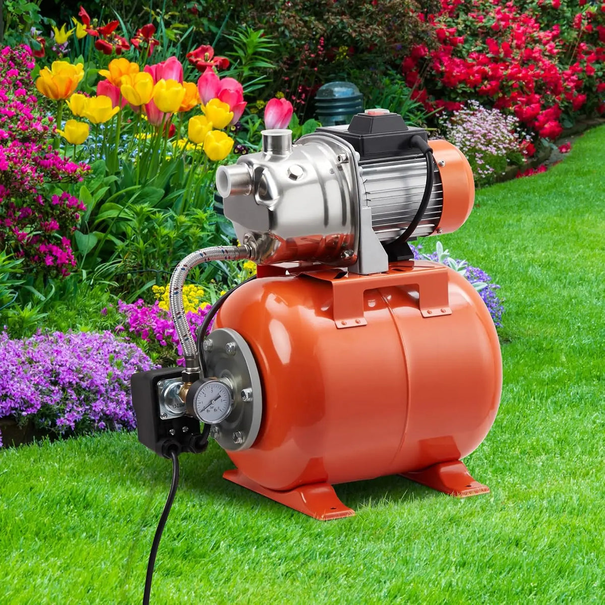 1HP Shallow Well Pump With Pressure Tank, Water Transfer Pump 115V, Stainless Steel Irrigation Pump for Sprinkler System, Automatic Water Booster Jet Pump for Home, Garden, Pool, Lawn