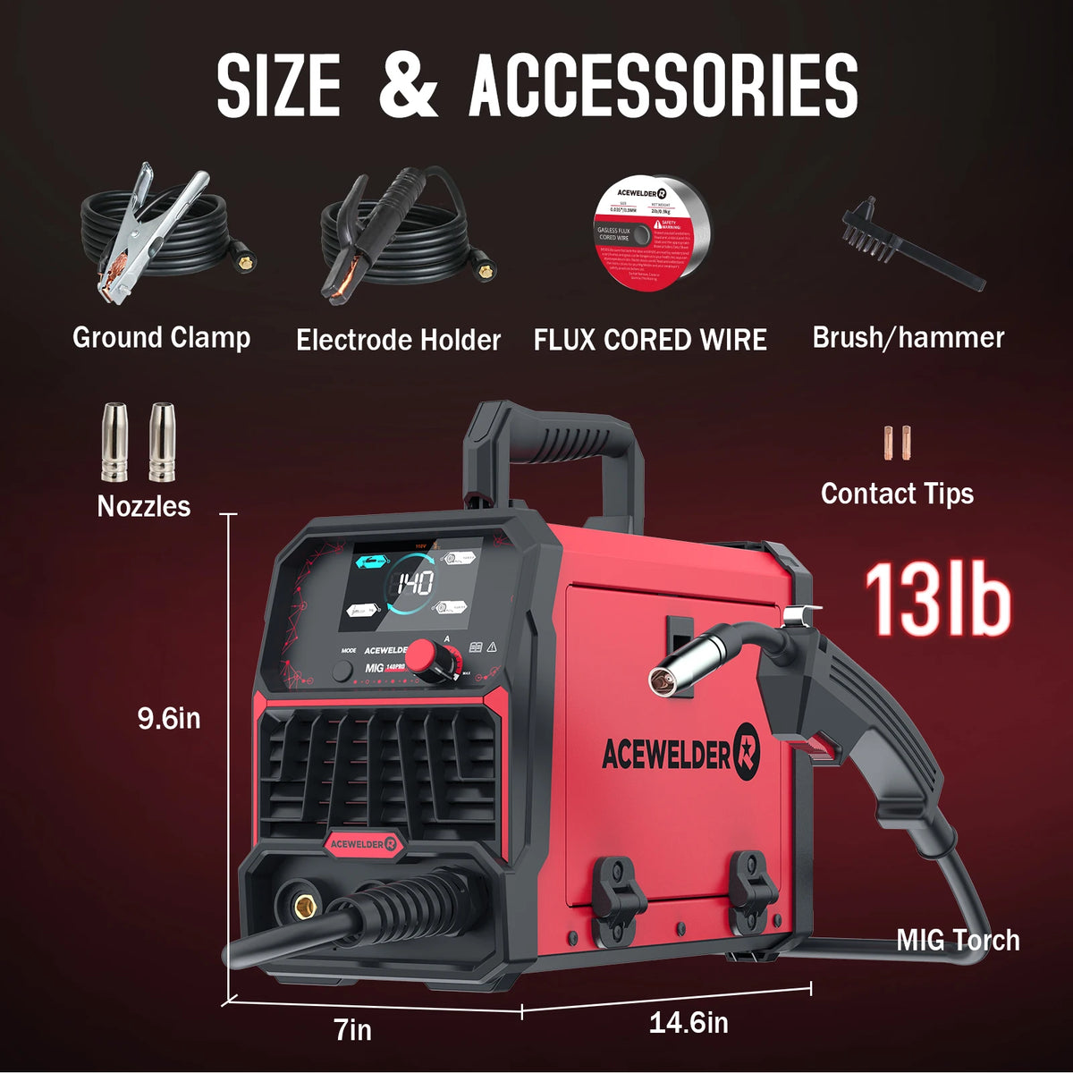 ACEWELDER 140A MIG Welder 110V Flux Cored MlG 3 In 1 Lift TIG Stick ARC Welder Large LED Display Digital Welding Machine
