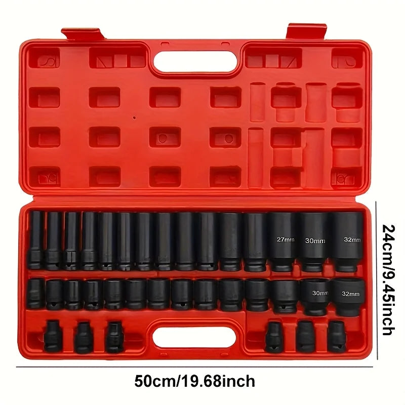 35pcs Impact Socket Set.35pcs 1/2-inch Professional Pneumatic Socket Set- Comprehensive Automotive Maintenance Kit, Including Long And Short Sockets, Pneumatic Impact Wrench, Hex Extension Bars And Rotating Tools for Convenie