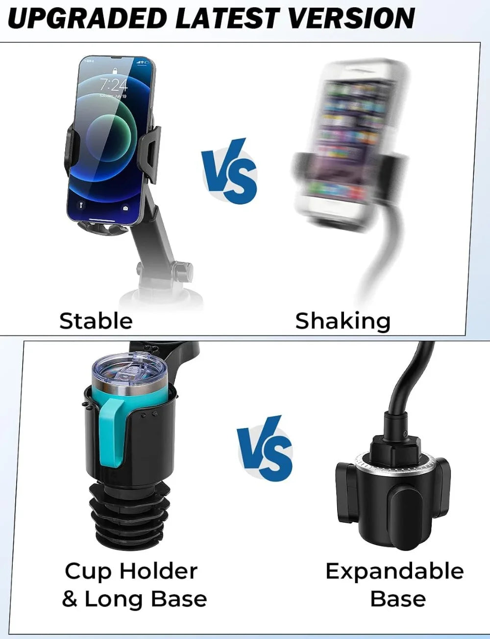 Car Cup Holder Phone Mount, Long Arm with 360° Rotation, Fits iPhone Samsung All Smartphones, Black 1 Pack