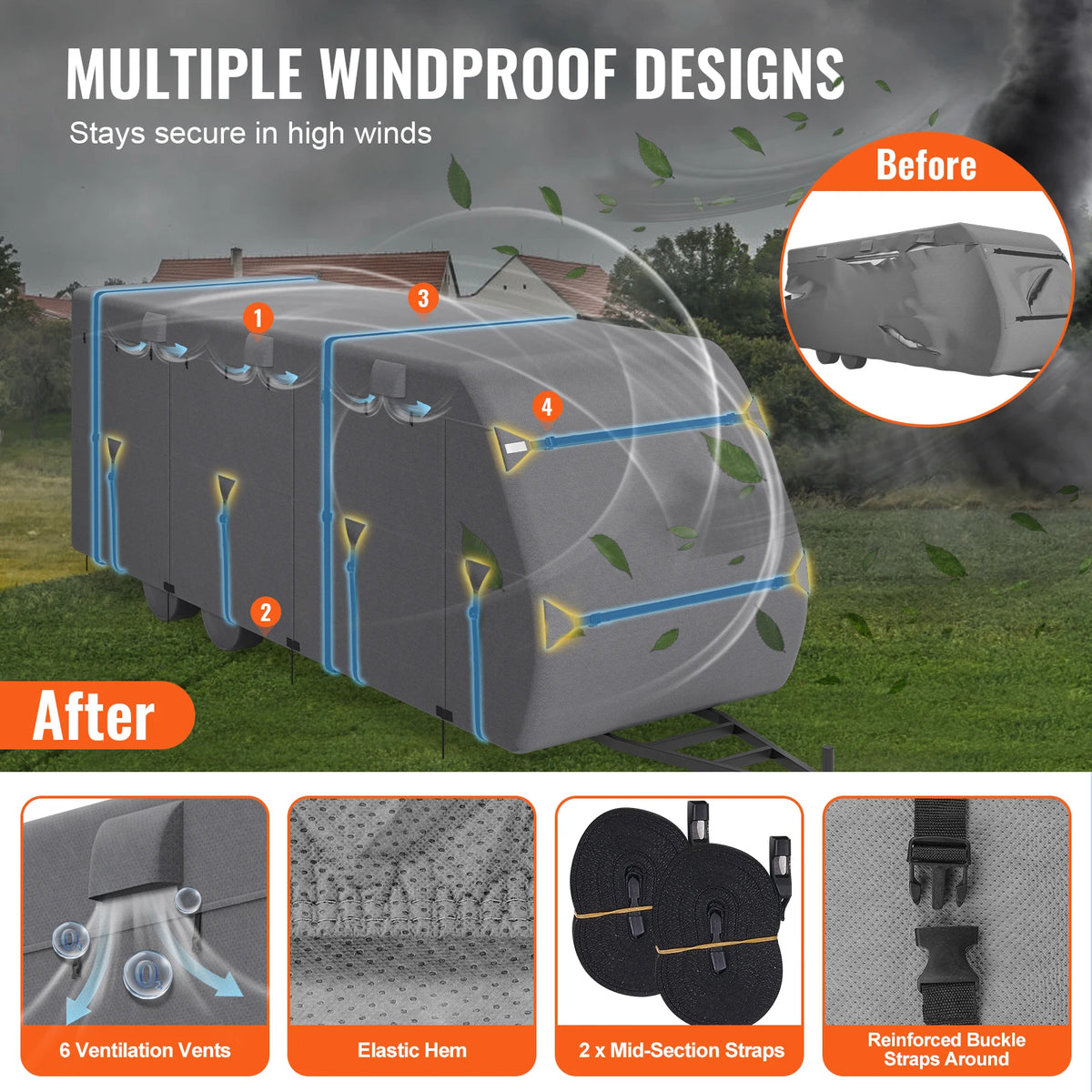 VEVOR Travel Trailer Cover Non-Woven Fabric Camper Cover Windproof and Rip-Stop Class A RV Cover with Storage Bag Repair Patches